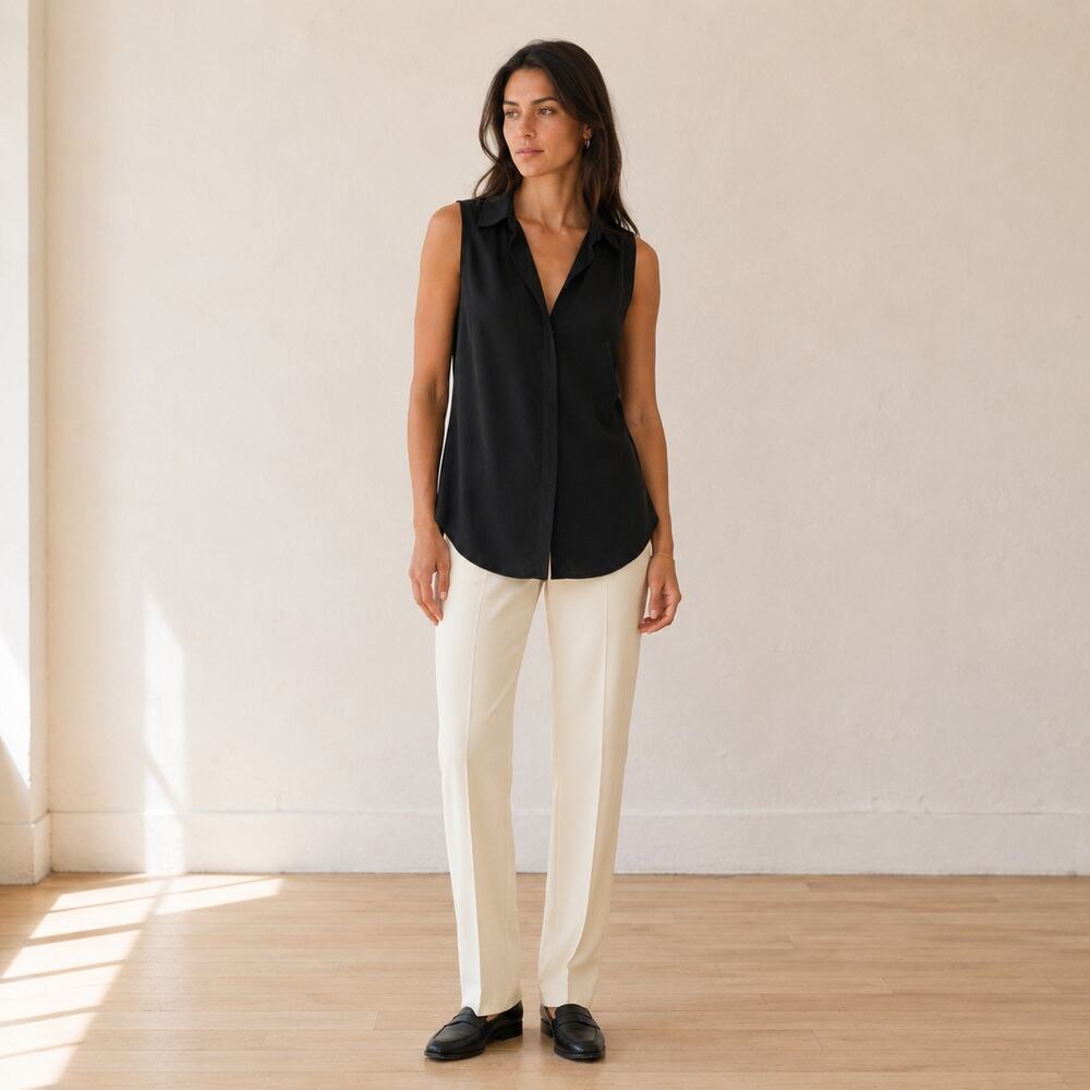 Theory Black Silk Sleeveless Hidden Placket Button Down Blouse Small Classic